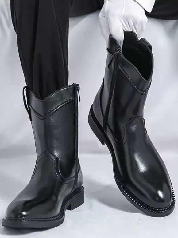 Bottes courtes pour hommes bottes en cuir à bout pointu et fermeture éclair avec talon bas