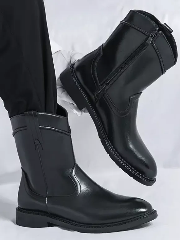 Bottes courtes pour hommes bottes en cuir à bout pointu et fermeture éclair avec talon bas