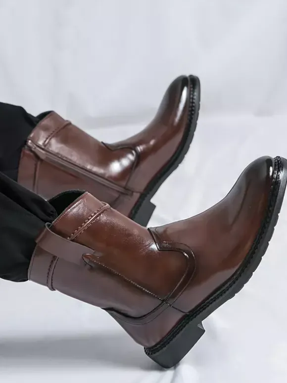 Bottes courtes pour hommes bottes en cuir à bout pointu et fermeture éclair avec talon bas
