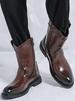 Bottes courtes pour hommes bottes en cuir à bout pointu et fermeture éclair avec talon bas