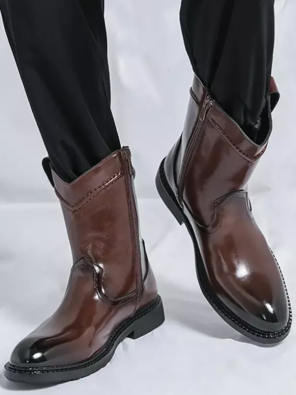 Bottes courtes pour hommes bottes en cuir à bout pointu et fermeture éclair avec talon bas