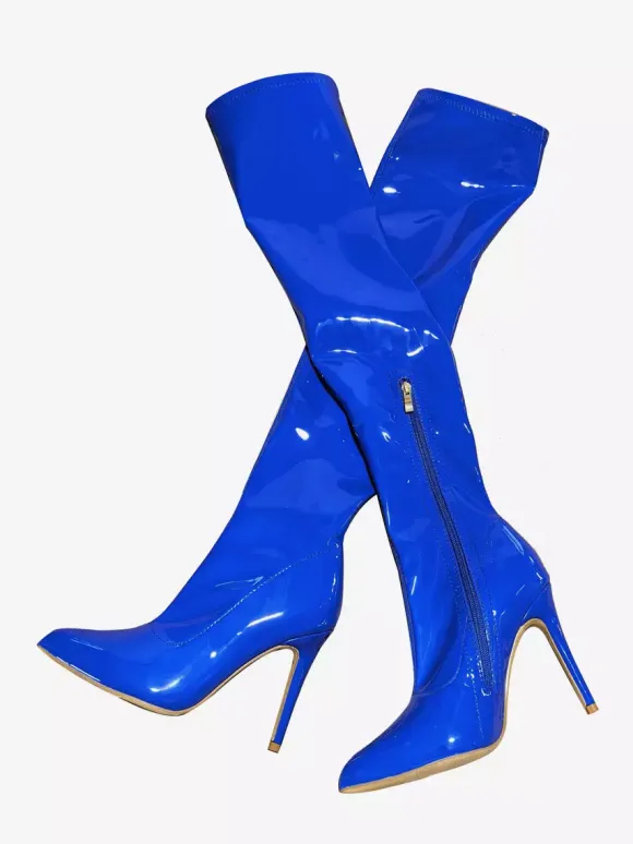 Bottes cuissardes bleues à bout pointu et talons hauts élastiques