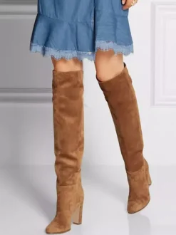 Bottes cuissardes en daim à bout rond et talon épais