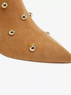 Bottes cuissardes en daim à bout pointu et talons hauts perlés