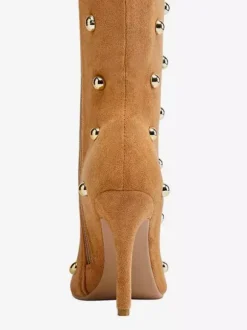 Bottes cuissardes en daim à bout pointu et talons hauts perlés