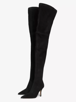 Bottes cuissardes en daim à talons hauts et bout pointu