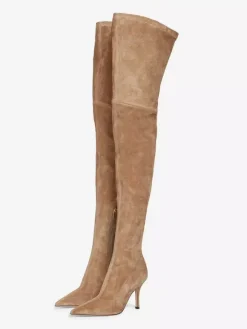 Bottes cuissardes en daim à talons hauts et bout pointu