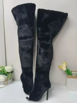 Bottes cuissardes en fausse fourrure à bout ouvert et talons hauts