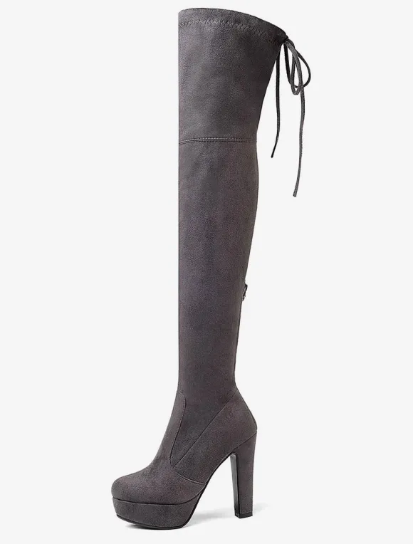 Bottes cuissardes femme noires à plateforme amande talon haut sur les bottes