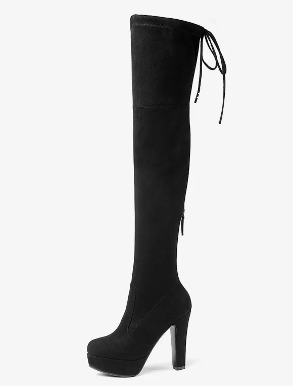 Bottes cuissardes femme noires à plateforme amande talon haut sur les bottes