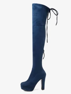 Bottes cuissardes femme noires à plateforme amande talon haut sur les bottes