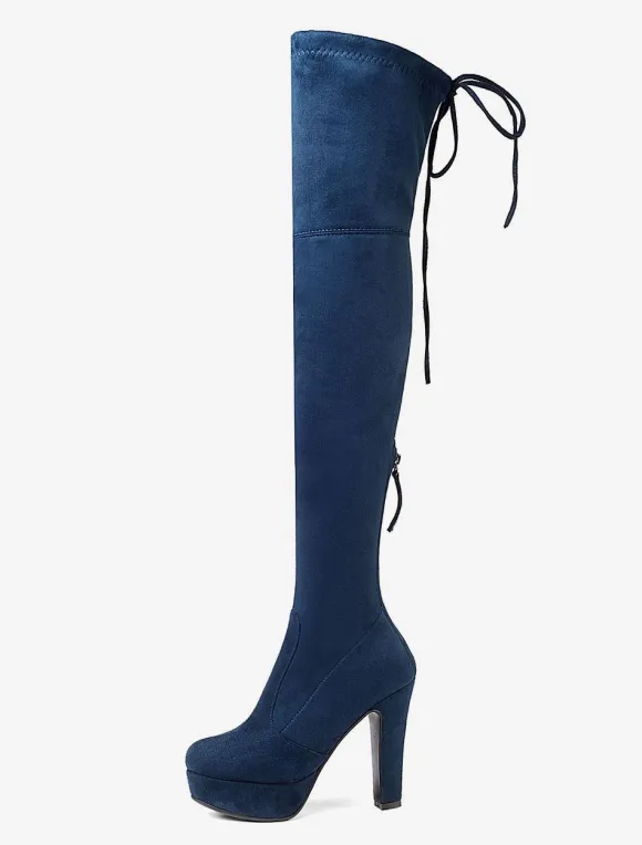 Bottes cuissardes femme noires à plateforme amande talon haut sur les bottes