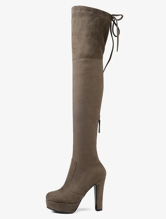 Bottes cuissardes femme noires à plateforme amande talon haut sur les bottes