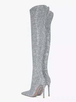 Bottes cuissardes à paillettes Bottes argentées à bout pointu et à talons hauts au-dessus du genou