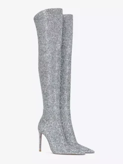 Bottes cuissardes à paillettes Bottes argentées à bout pointu et à talons hauts au-dessus du genou