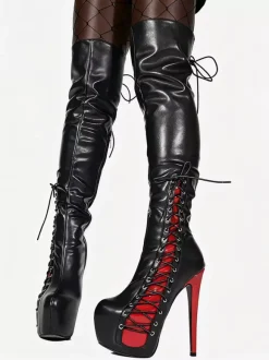 Bottes cuissardes sexy unisexes à plateforme et lacets à talons hauts au-dessus du genou