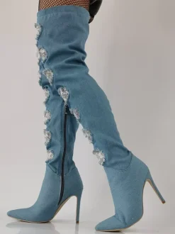 Bottes cuissardes à talons hauts bottes en jean à bout pointu et détails en dentelle au-dessus du genou