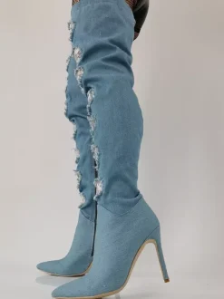 Bottes cuissardes à talons hauts bottes en jean à bout pointu et détails en dentelle au-dessus du genou
