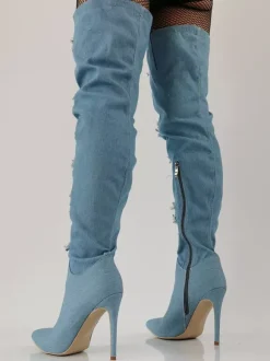 Bottes cuissardes à talons hauts bottes en jean à bout pointu et détails en dentelle au-dessus du genou