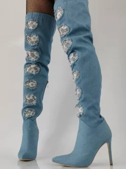 Bottes cuissardes à talons hauts bottes en jean à bout pointu et détails en dentelle au-dessus du genou