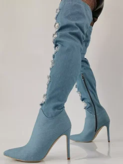 Bottes cuissardes à talons hauts bottes en jean à bout pointu et détails en dentelle au-dessus du genou