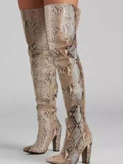 Bottes cuissardes à talons hauts pour femmes bout pointu motif serpent cuissardes