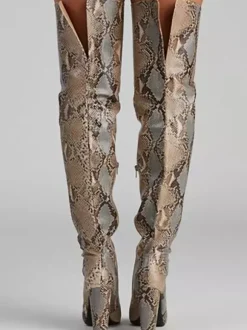 Bottes cuissardes à talons hauts pour femmes bout pointu motif serpent cuissardes