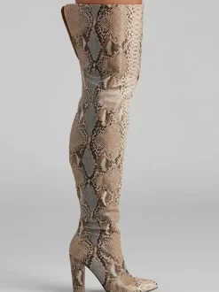 Bottes cuissardes à talons hauts pour femmes bout pointu motif serpent cuissardes
