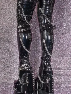 Bottes cuissardes unisexes noires à plateforme et talon épais détail chaîne bottes gothiques au-dessus du genou