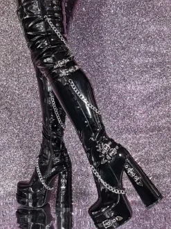 Bottes cuissardes unisexes noires à plateforme et talon épais détail chaîne bottes gothiques au-dessus du genou