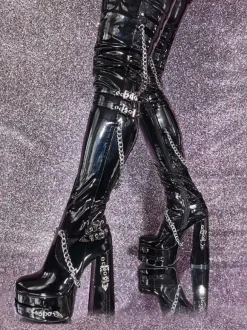 Bottes cuissardes unisexes noires à plateforme et talon épais détail chaîne bottes gothiques au-dessus du genou