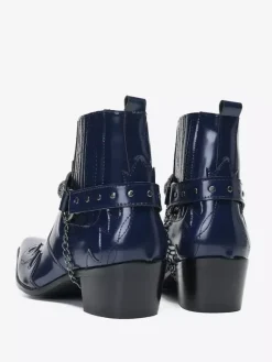 Bottes de cowboy courtes Chelsea en cuir de vache à bout pointu et lanières mentales pour hommes