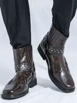 Bottes de cowboy pour hommes bout carré rivets bottes de motard punk bottes montantes à enfiler