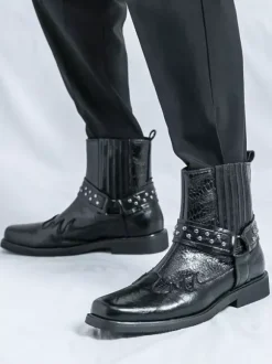 Bottes de cowboy pour hommes bout carré rivets bottes de motard punk bottes montantes à enfiler