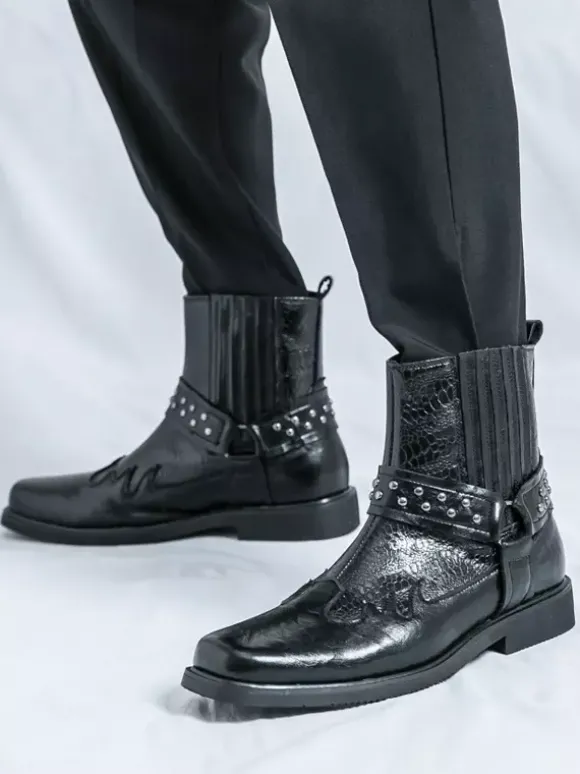 Bottes de cowboy pour hommes bout carré rivets bottes de motard punk bottes montantes à enfiler