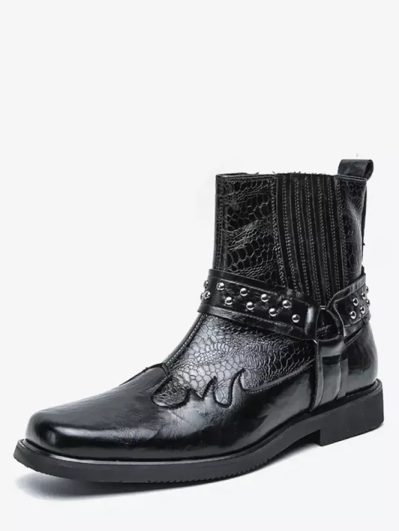 Bottes de cowboy pour hommes bout carré rivets bottes de motard punk bottes montantes à enfiler