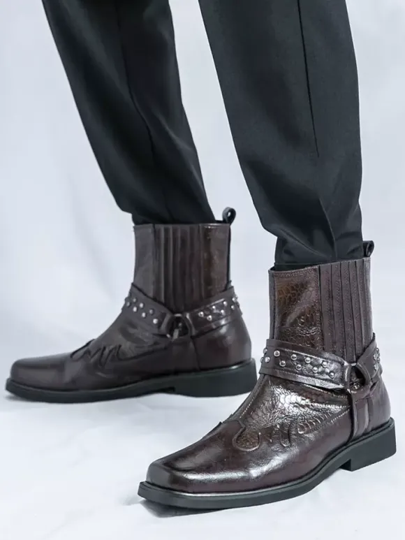 Bottes de cowboy pour hommes bout carré rivets bottes de motard punk bottes montantes à enfiler