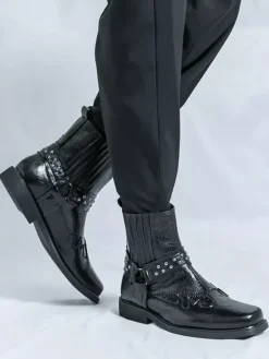 Bottes de cowboy pour hommes bout carré rivets bottes de motard punk bottes montantes à enfiler