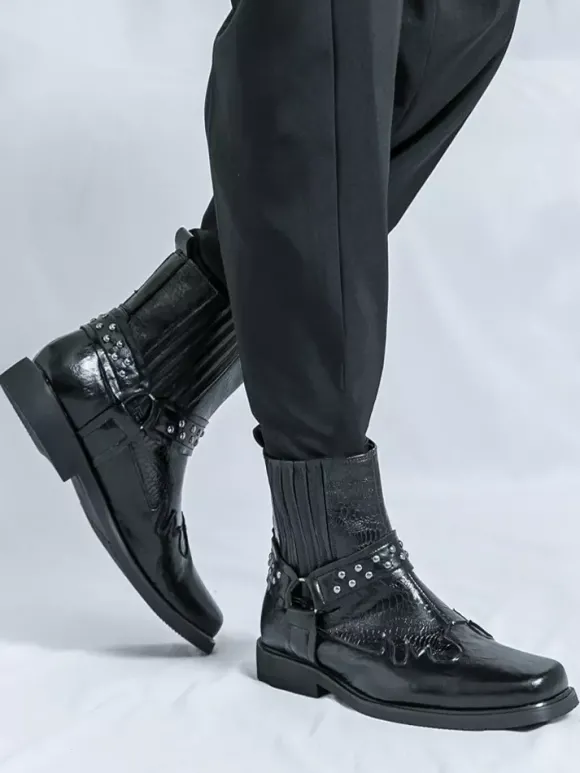 Bottes de cowboy pour hommes bout carré rivets bottes de motard punk bottes montantes à enfiler