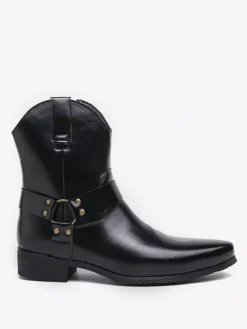 Bottes de cowboy pour hommes à bout pointu en cuir à talon bas et boutons décoratifs