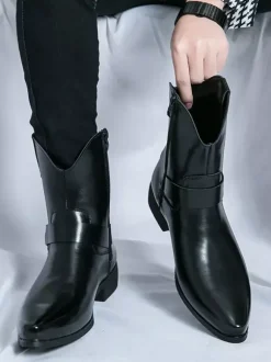 Bottes de cowboy pour hommes à bout pointu en cuir à talon bas et boutons décoratifs