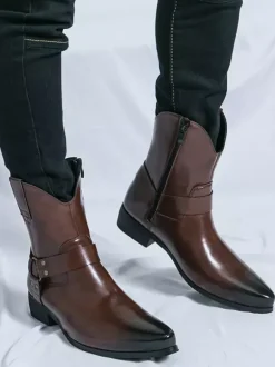 Bottes de cowboy pour hommes à bout pointu en cuir à talon bas et boutons décoratifs