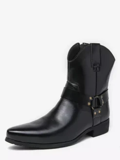 Bottes de cowboy pour hommes à bout pointu en cuir à talon bas et boutons décoratifs
