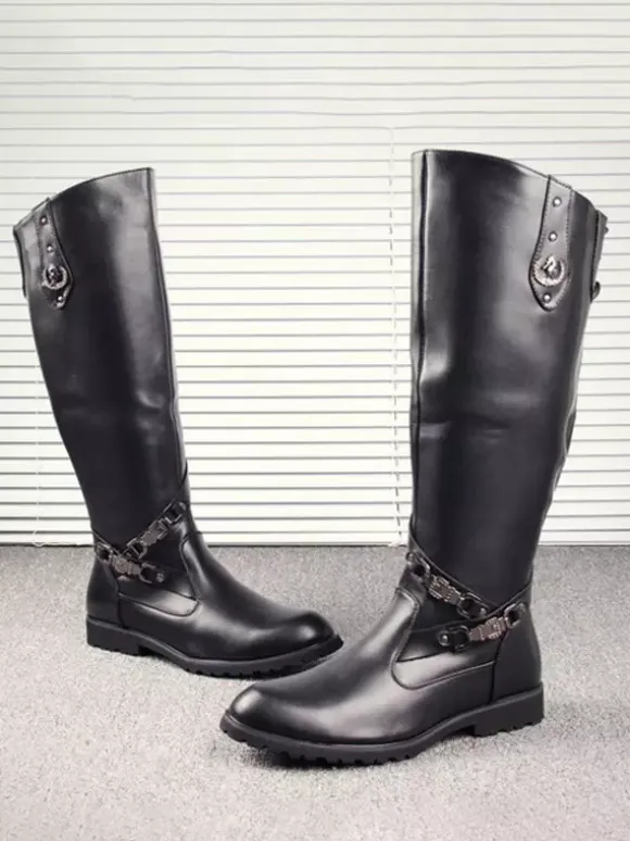 Bottes d'équitation pour hommes noires bout rond boucle montantes jusqu'aux genoux