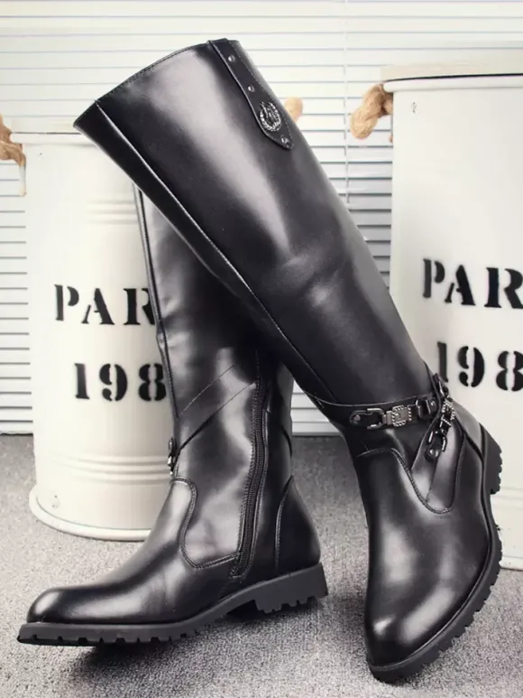 Bottes d'équitation pour hommes noires bout rond boucle montantes jusqu'aux genoux