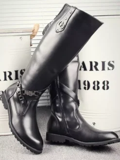 Bottes d'équitation pour hommes noires bout rond boucle montantes jusqu'aux genoux
