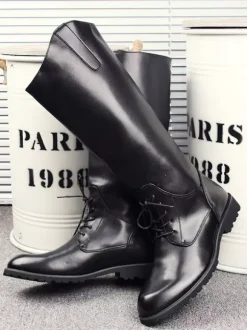 Bottes d'équitation pour hommes noires à bout rond et à lacets montantes jusqu'aux genoux
