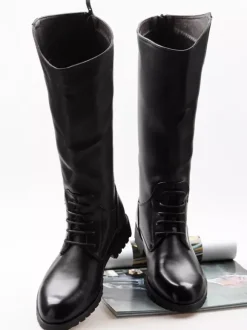 Bottes d'équitation pour hommes noires à bout rond et à lacets montantes jusqu'aux genoux