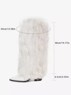 Bottes en fausse fourrure pour femmes bout pointu talon épais bottes hautes au genou
