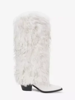 Bottes en fausse fourrure pour femmes bout pointu talon épais bottes hautes au genou